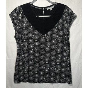 Daniel Rainn Womens Blouse Size Large‎ Black Geometric Short Sleeve Sheer V Neck